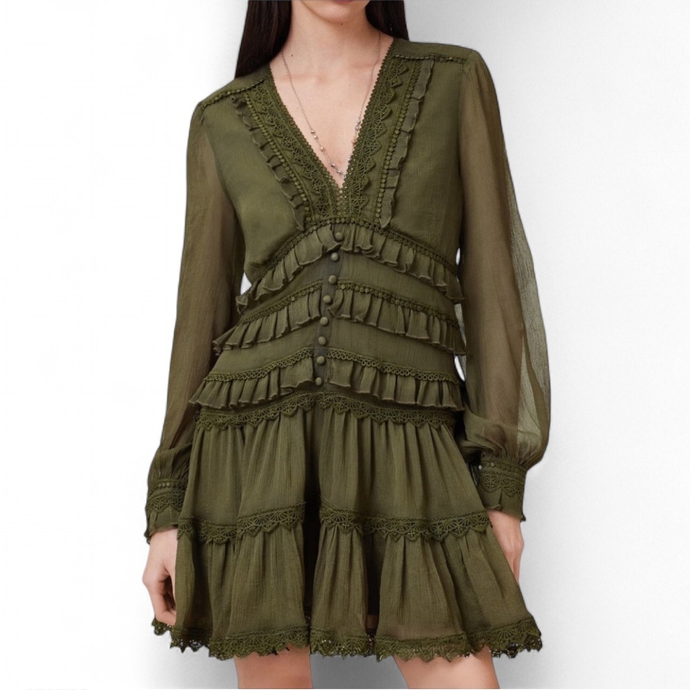 AllSaints Zora Lace Tiered Mini Dress Moss Green 0 NWT